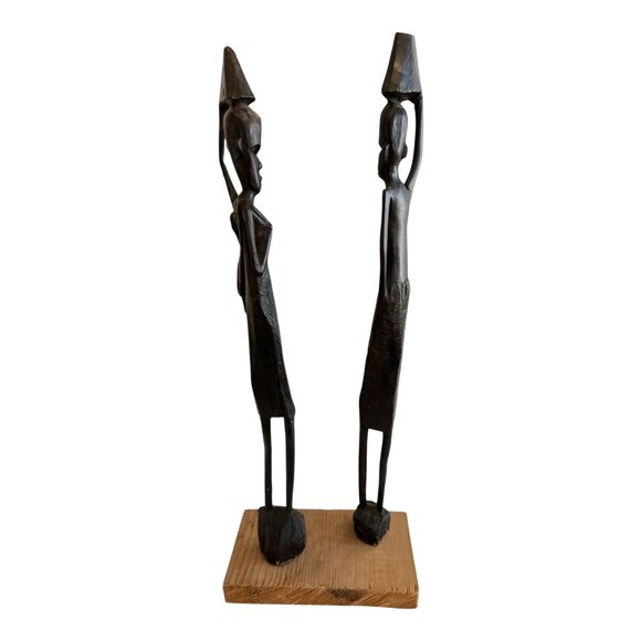 Vtg Hand-Carved Wooden Sculpture – African Tribal Figures Carrying Vessels, 15” - Picture 3 of 4